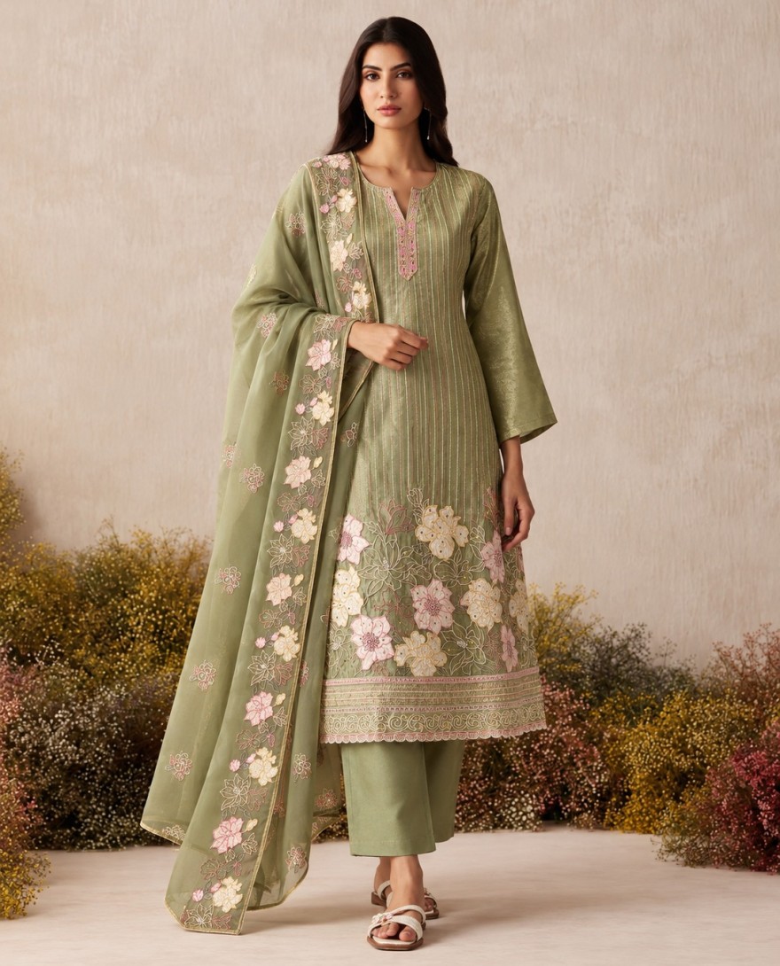 7114 - Green Shimmer Embroidered Work Salwar Suit for Ceremonial